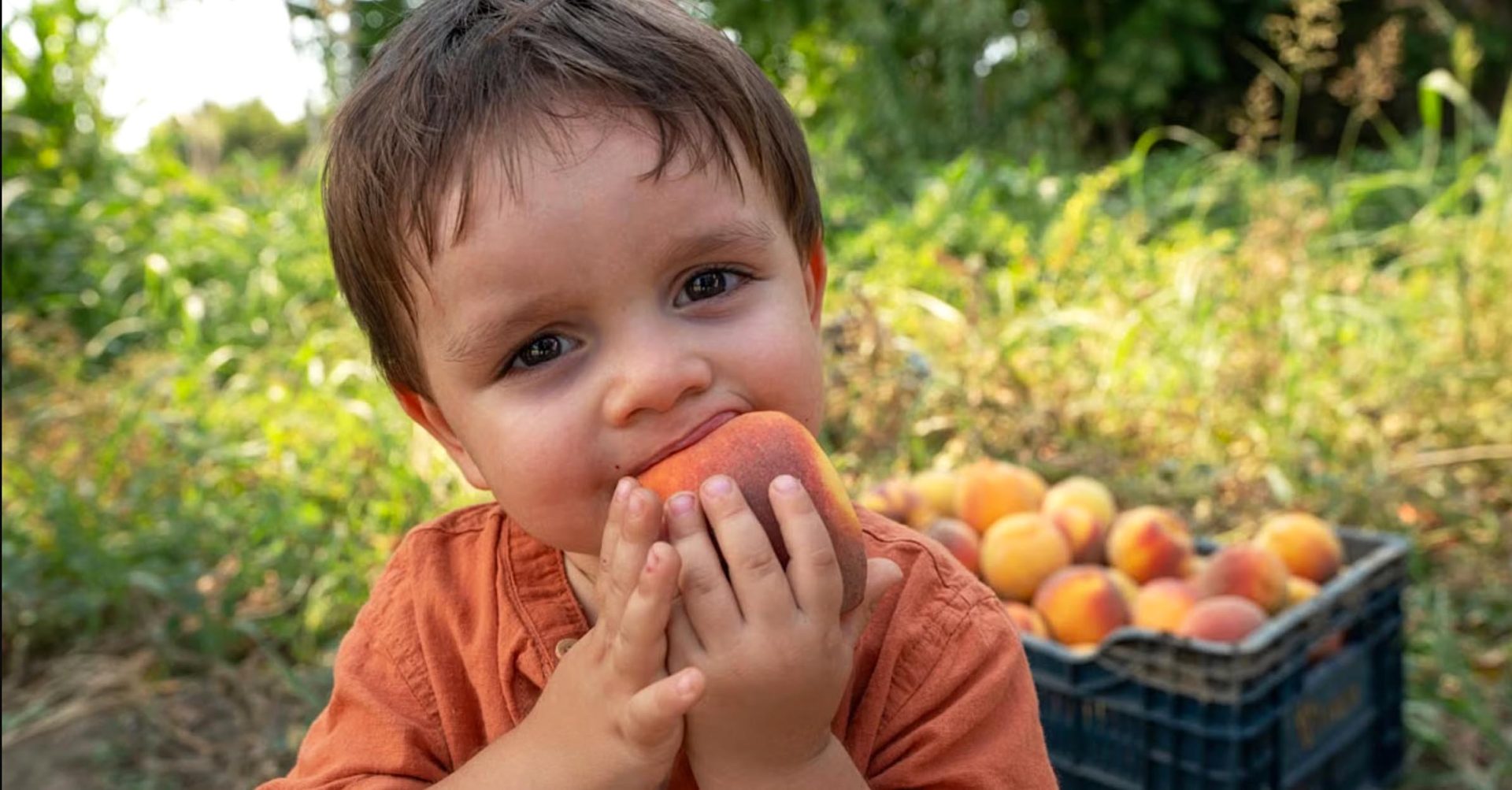 boy enjoys a peach